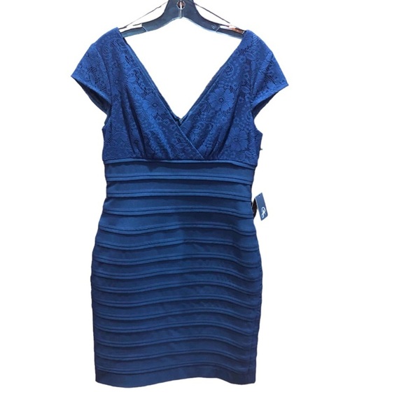 Adrianna Papell Dresses & Skirts - NWT Adriana Papell Navy Midnight Blue Lace V Neck Dress Sz 10